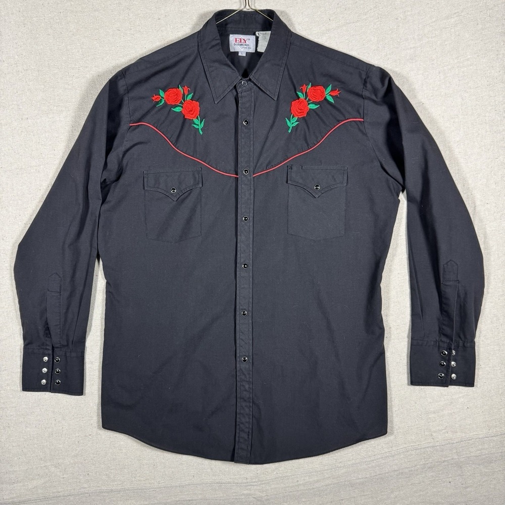 Ely Diamond Vintage Western Shirt Black L Pearl‎ Snap Red Rose Embroidery